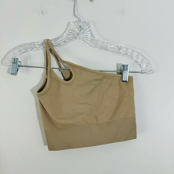 avocado tan seamless 1 shoulder ribbed cropped tank size m - Picture 1 of 8